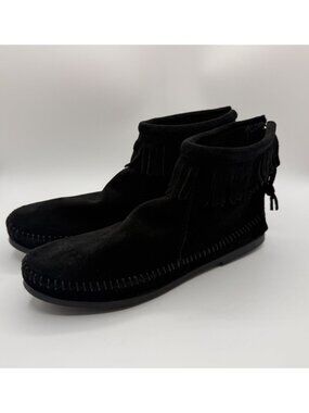 Minnetonka Hard sole Booties Women's Size 9 Black Suede Fringe Back Zip